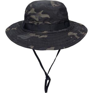 Unisex Black Camo Wide Brim Loops Buckle With Chin Strap Adjustable Boonie Hat